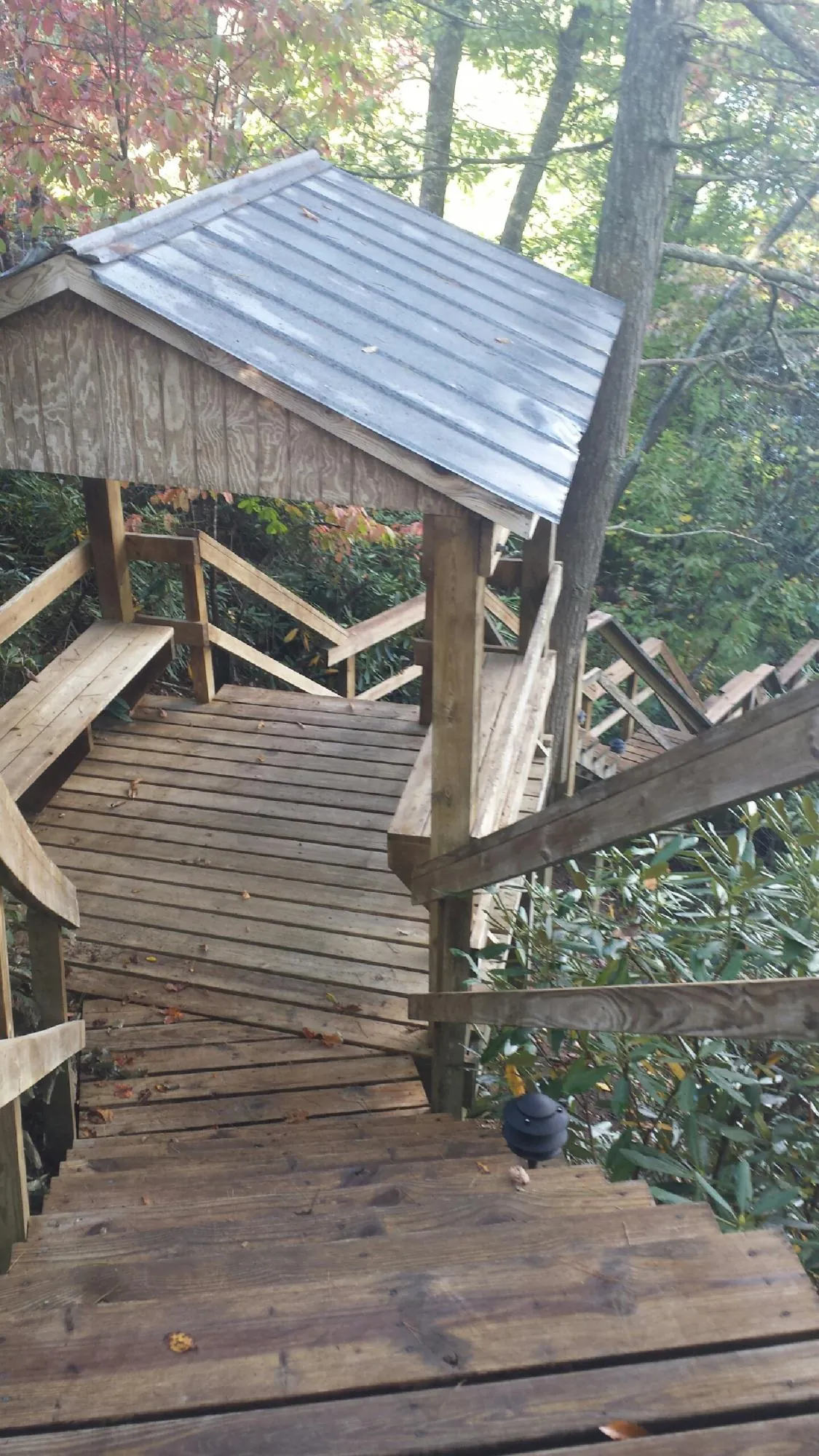Metal roofed shelter over wooden steps on a wooded walkway — Skylight Repair & Installation work by our crew in Kingsburg